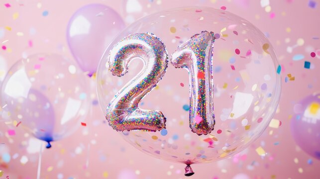 Balloon decorations for 21st birthday party celebration with confetti and pastel colors; festive atmosphere for special occasions and milestones in life.