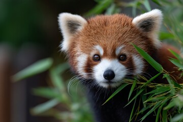 Cute red panda among lush green bamboo leaves in natural habitat