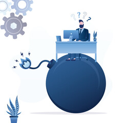 Businessman sitting at workplace on burning bomb. Person working on top of explosive. Freelance crisis, deadline, business danger and disaster. Stressed unhappy employee,