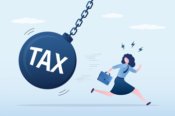 Businesswoman runs away from financial problems. Woman under tax burden, debt pressure. Female debtor runs away from heavy wrecking ball with word tax.