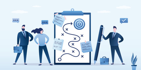 Strategic planning, plan to overcome obstacles to reach goal or target, team brainstorm or competitor analysis, business success concept, business group planning