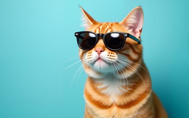 Closeup portrait of funny ginger cat wearing sunglasses isolated on light cyan. Copyspace. High quality