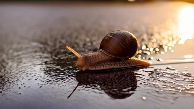 Snail moving slowly across wet asphalt road after rain shower in the golden light of the sunset, showcasing its shell and antennas.