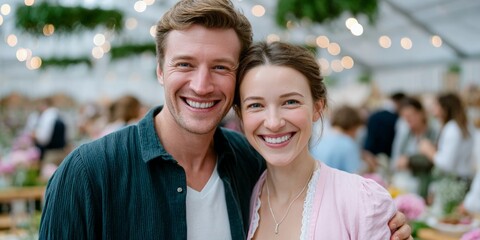 Smiling caucasian young adults at festive gathering with joyful atmosphere