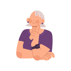 A short haired female office worker is looking for ideas and inspiration with hand on chin. Business flat vector character illustration isolated on white background