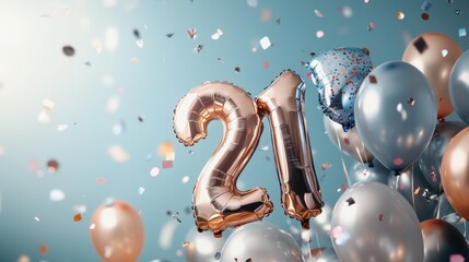 Birthday celebration with 21 balloon numbers, festive confetti, blue and gold decorations, party atmosphere, milestone event, joyful occasion, vibrant colors.