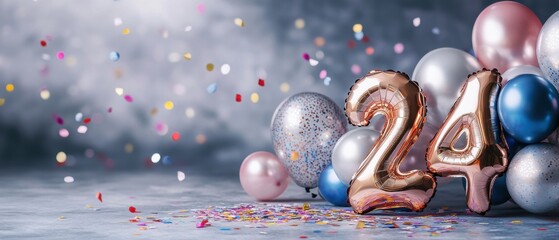 Birthday celebration with balloons and confetti featuring the number 24 in gold, festive mood, party decorations, milestone event, joyful atmosphere.