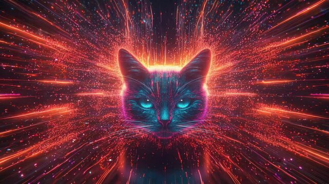 International cat day concept. A glowing neon cat face emerges from a burst of vibrant, energetic light streaks and colorful sparks in a cosmic atmosphere.selective focus - Powered by Adobe