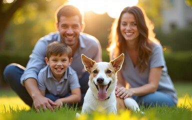 Smiling Father, Mother and Son Pet and Play with Smooth Fox Terrier Retriever Dog. Sun Shines on Idyllic Happy Family with Loyal Pedigree Dog have Fun at the Idyllic Suburban House Backyard