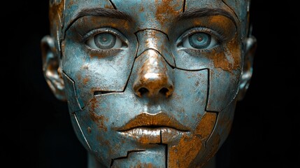 A striking portrait blends beauty and tech, featuring a humanoid face with metallic panels and intricate textures