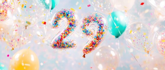 Celebration of 29th birthday with colorful balloons confetti festive atmosphere joyful party decorations bright cheerful event happiness fun occasion.