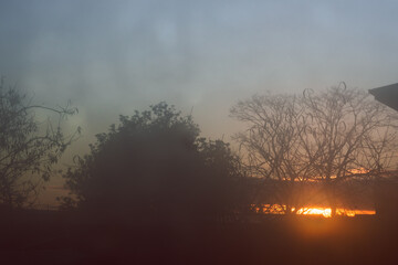 sunrise through fogged up window with droplets and silhouettes of trees and houses