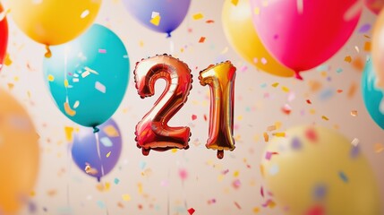 Colorful balloons and confetti celebrating 21st birthday party with golden number 21, festive decorations, and party atmosphere for joyful celebration event.