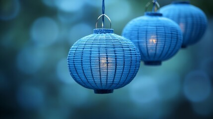 Obraz premium Delicate blue lanterns softly glow, casting serene light in a peaceful garden during twilight