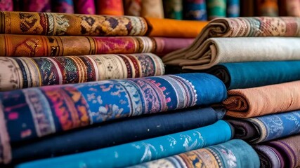 Colorful patterned textiles folded and stacked for sale or display in a store or market featuring various colors and intricate designs - Powered by Adobe