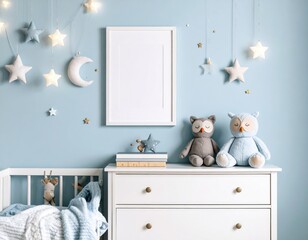 Serene nursery scene with plush owls star lights and a blank frame on a blue wall