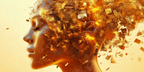 Triggered trauma coping. 3D. Explosive head silhouette with chaotic flashback visuals in a striking image.