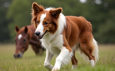 Red border collie dog and horse. High quality