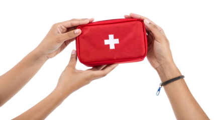 Hand holding red first aid medical kit bag on a white background PNG. AI GENERATED