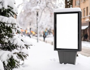 Snowcovered billboard with blank white display on a winter city street