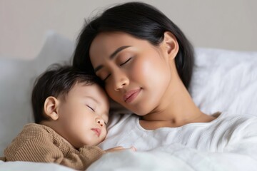 A tender moment of tranquility unfolds as a mother cradles her peacefully sleeping baby. They are nestled together in the embrace of a cozy bed, bathed in soft, natural light.