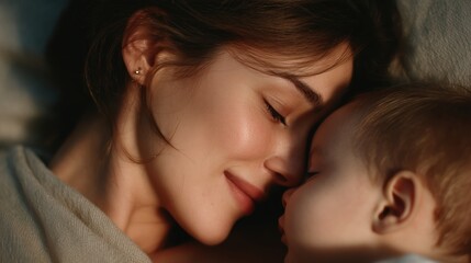 A tender moment of pure affection: a mother's gentle embrace, her face close to that of her peaceful infant. Their eyes are closed, suggesting a deep sense of calm.