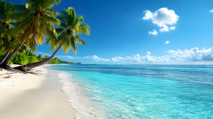 Serene tropical beach scene with palm trees crystal clear turquoise ocean and blue sky