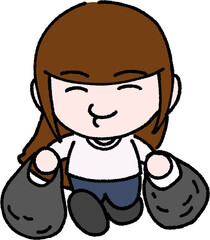 비닐봉지에 제품을 가득 넣고 앞으로 걸어가는 행복한 긴 머리 캐릭터