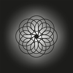 Floral glow icon. Symmetrical petal shape. Black soft background. Vector abstract form.