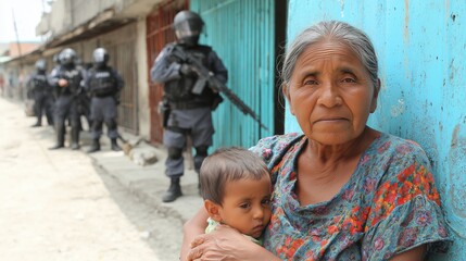 A Mexican woman holds baby near the border, with uniformed officers visible in the background