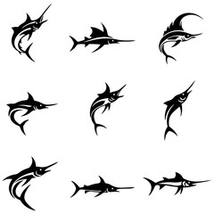 A simple set of swordfish side profile silhouettes for clean design
