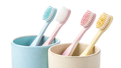  Pastel toothbrushes in holder isolated on a white background PNG. AI GENERATED