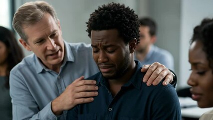 Black man receiving comfort from colleague during emotional group therapy