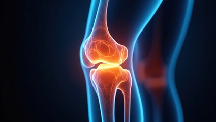 Medical X-ray concept of knee joint pain with visible ligaments, highlighting injury or inflammation in orthopedic anatomy.