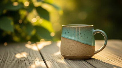 Handcrafted Ceramic Mug on Wooden Table Outdoors in Sunlight