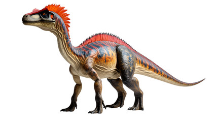Fototapeta premium Cryolophosaurus: A colorful Cryolophosaurus toy on stands tall against a backdrop, highlighting its distinctive crest and reptilian features with vibrant color.