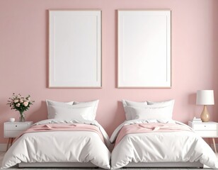 Twin beds with white linens and pink accents against a soft pink wall with two framed posters