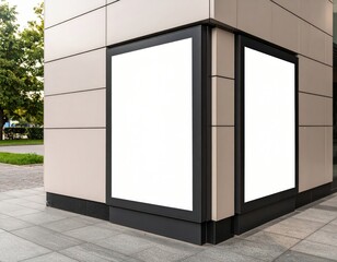 Two Blank Billboard Mockups on a Modern Building Corner with Neutral Tones