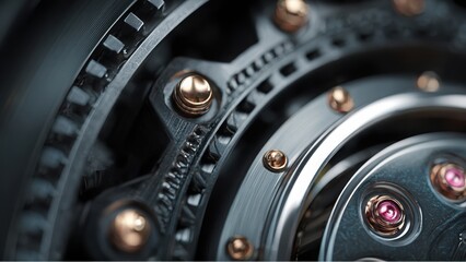 Close up of a detailed watch mechanism with gears and gold accents