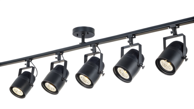 Light black track lighting fixture isolated on a white background PNG. AI GENERATED