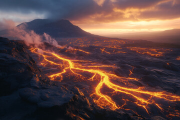 Expansive Volcanic Landscape with Glowing Lava Flow