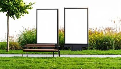 Two blank billboards stand near a park bench surrounded by lush greenery