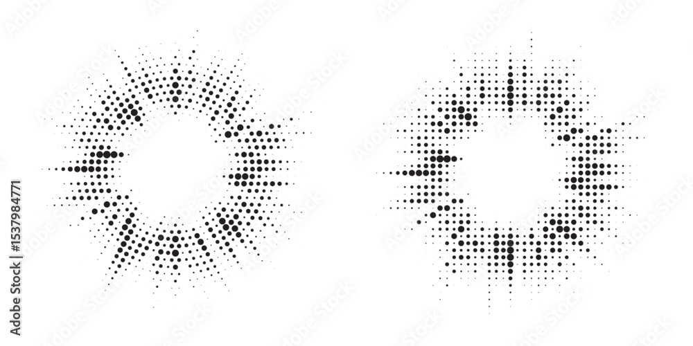Poster Halftone circle frame background set. Round border Icon using halftone random circle. Grunge circular stain. Vector illustration.