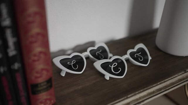 white heart shaped sunglasses with cursive initials resting on wooden shelf next to books