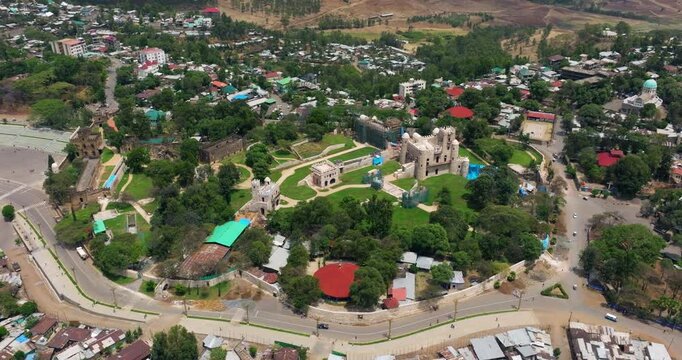 Fasil Ghebbi Fortress - Castle-like Fortress In The City Of Gondar In Ethiopia. - aerial shot