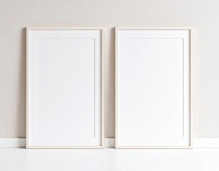 Two vertical frames with white mats leaning against a white wall