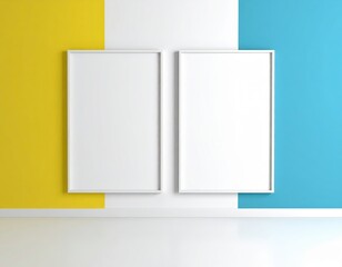 Two White Frames on a Wall with Yellow and Blue Accents Minimalist Design