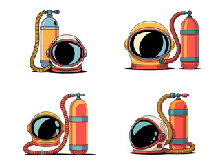 Colorful Astronaut Helmet and Oxygen Tank Vector Set – Cartoon Space Equipment Illustration