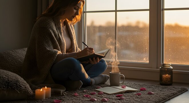 Woman Writing Affirmations by Window in Morning Light
