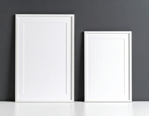 Two White Picture Frames on a White Surface Against a Dark Gray Wall